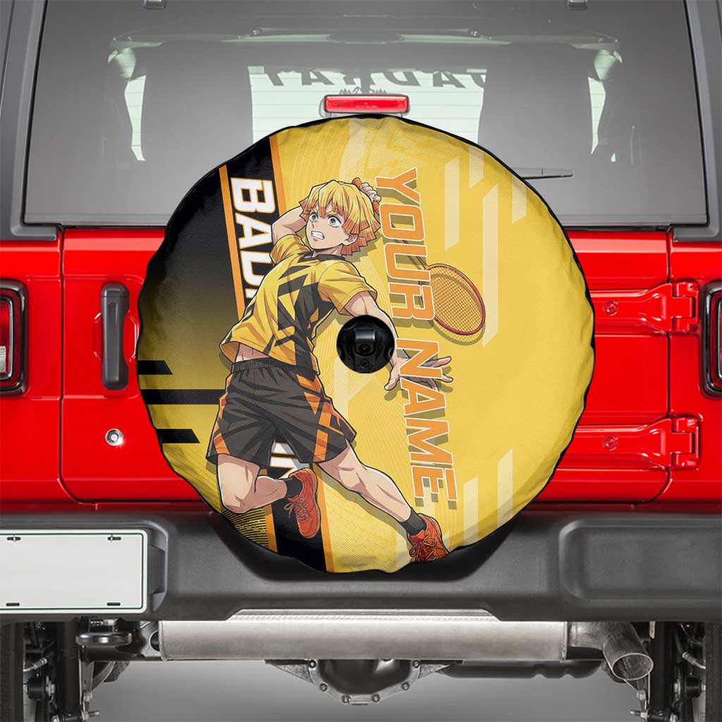 Personalized Zenitsu Agatsuki Demon Slayer Badminton Theme Spare Tire Cover with Racket Action Pose and Yellow Black Graphic Design - The Mazicc