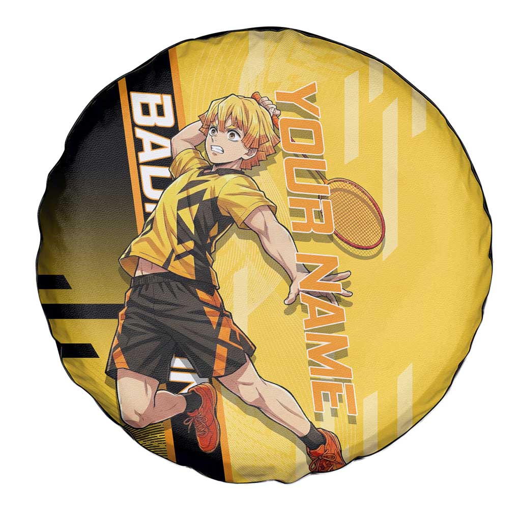 Personalized Zenitsu Agatsuki Demon Slayer Badminton Theme Spare Tire Cover with Racket Action Pose and Yellow Black Graphic Design - The Mazicc