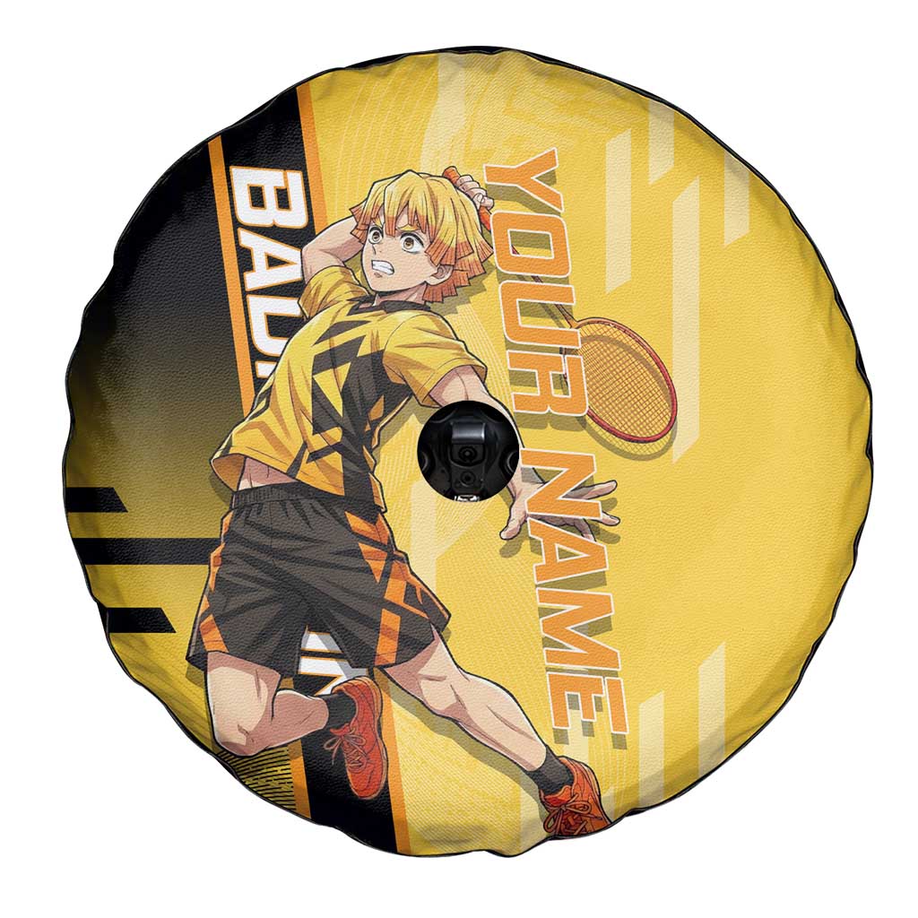Personalized Zenitsu Agatsuki Demon Slayer Badminton Theme Spare Tire Cover with Racket Action Pose and Yellow Black Graphic Design - The Mazicc