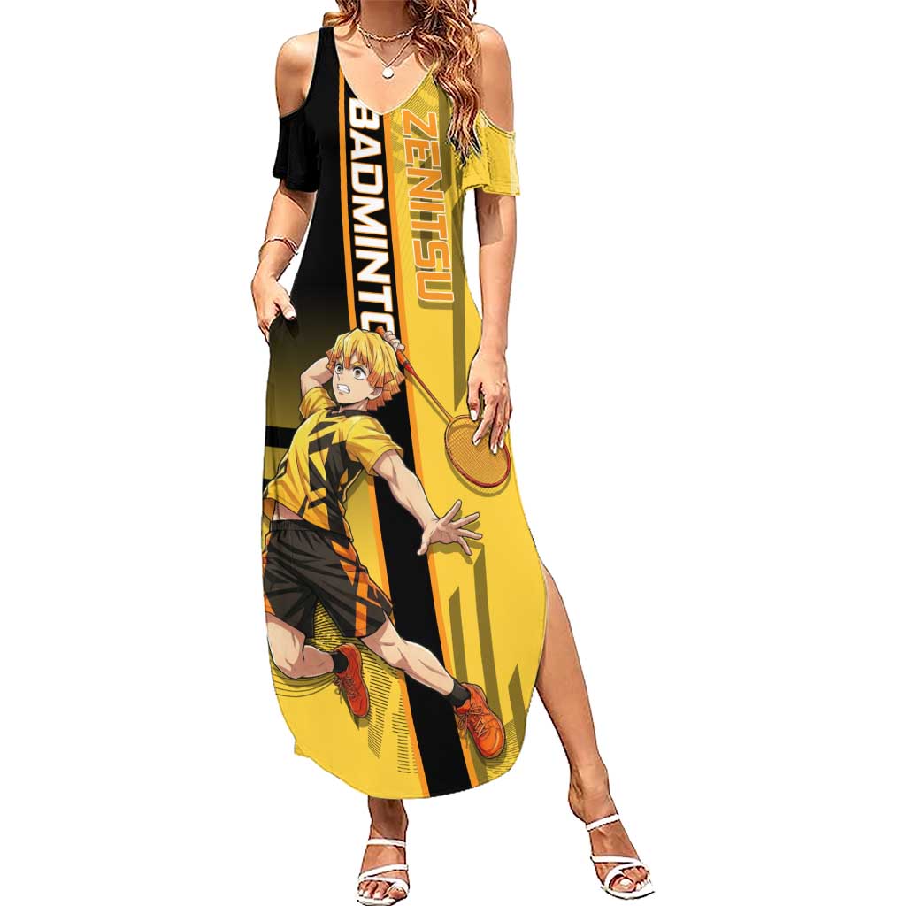 Personalized Zenitsu Agatsuki Demon Slayer Badminton Theme Summer Maxi Dress with Racket Action Pose and Yellow Black Graphic Design - The Mazicc