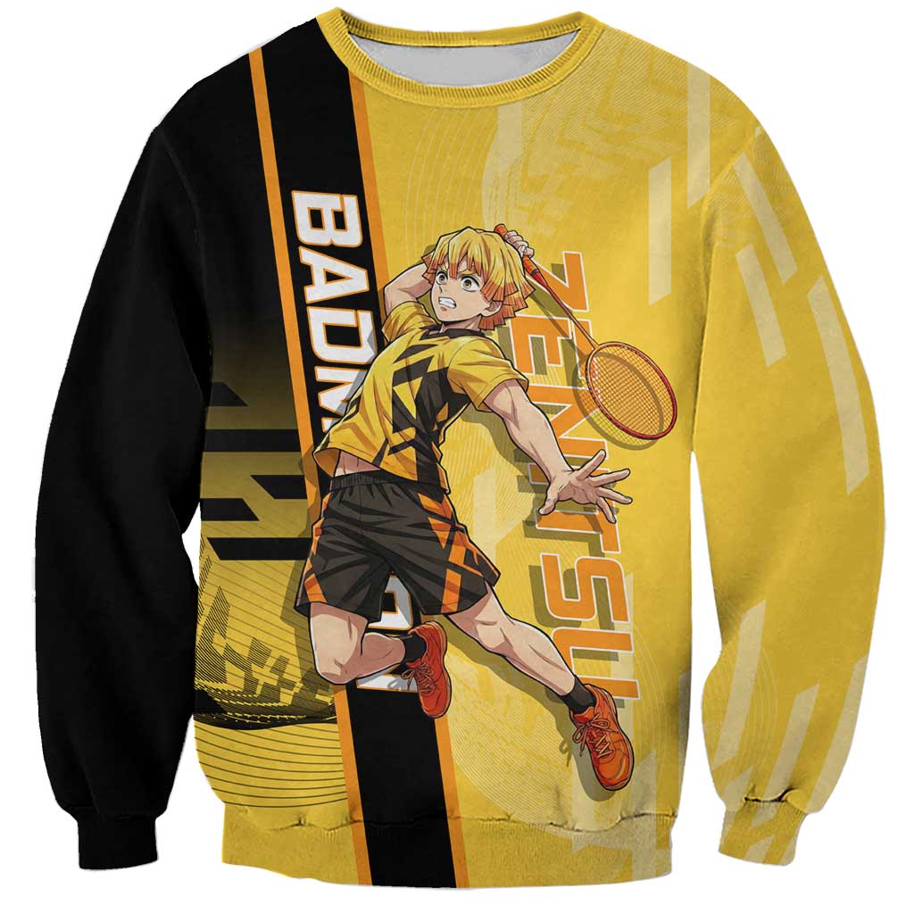Personalized Zenitsu Agatsuki Demon Slayer Badminton Theme Sweatshirt with Racket Action Pose and Yellow Black Graphic Design - The Mazicc