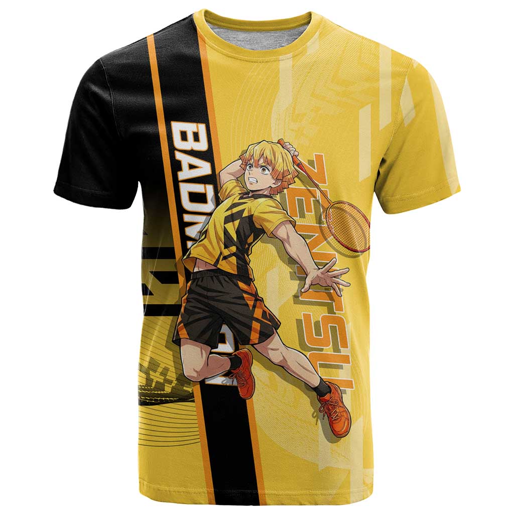 Personalized Zenitsu Agatsuki Demon Slayer Badminton Theme T Shirt with Racket Action Pose and Yellow Black Graphic Design - The Mazicc