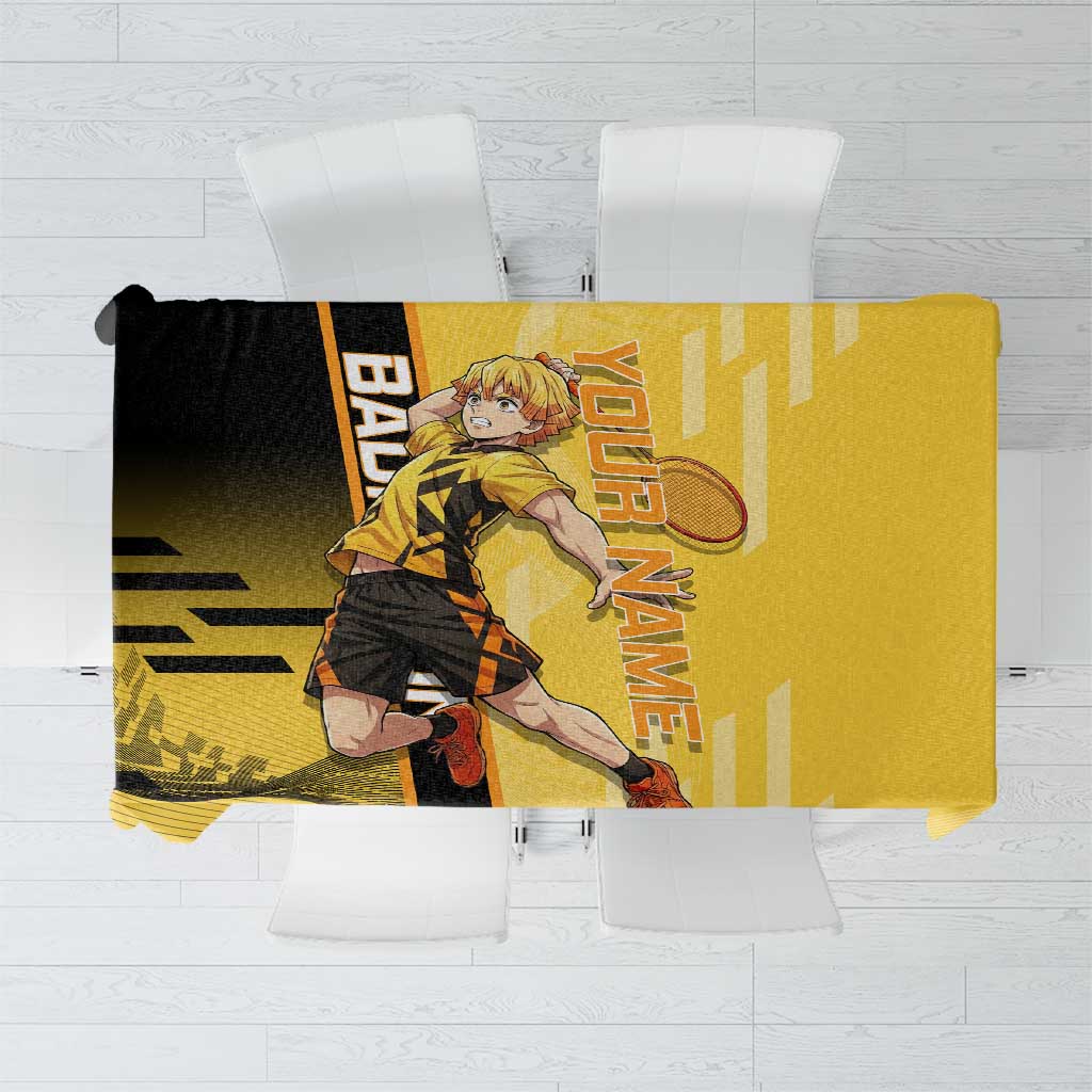 Personalized Zenitsu Agatsuki Demon Slayer Badminton Theme Tablecloth with Racket Action Pose and Yellow Black Graphic Design - The Mazicc