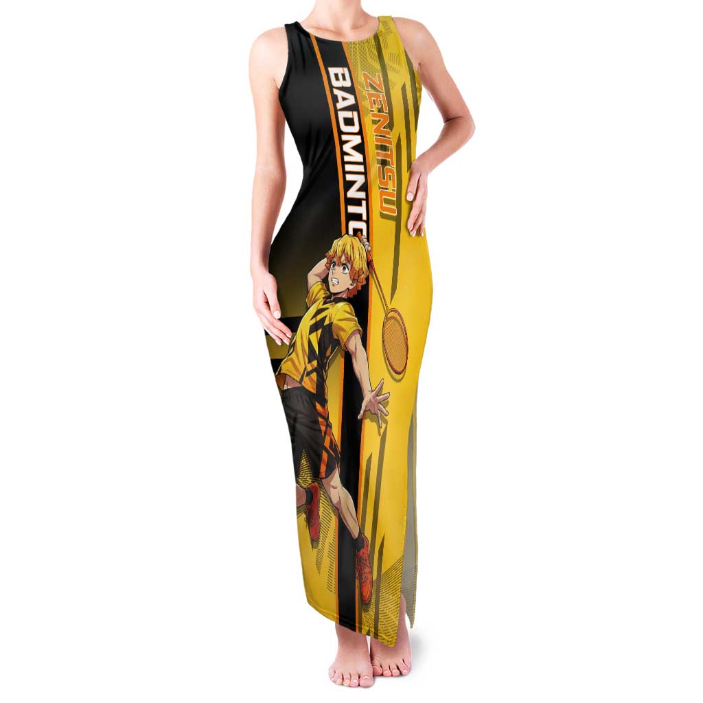 Personalized Zenitsu Agatsuki Demon Slayer Badminton Theme Tank Maxi Dress with Racket Action Pose and Yellow Black Graphic Design - The Mazicc