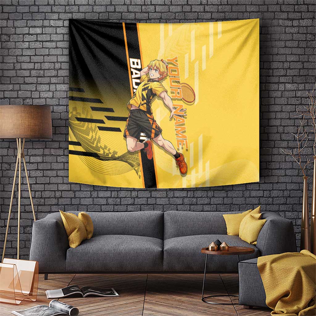 Personalized Zenitsu Agatsuki Demon Slayer Badminton Theme Tapestry with Racket Action Pose and Yellow Black Graphic Design - The Mazicc