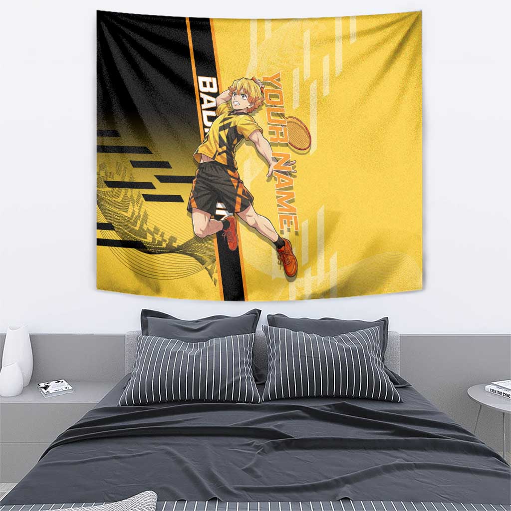 Personalized Zenitsu Agatsuki Demon Slayer Badminton Theme Tapestry with Racket Action Pose and Yellow Black Graphic Design - The Mazicc