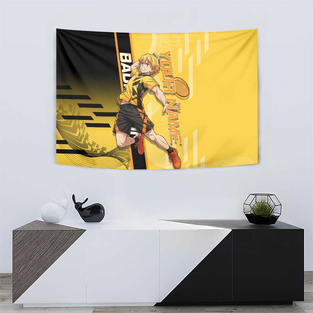 Personalized Zenitsu Agatsuki Demon Slayer Badminton Theme Tapestry with Racket Action Pose and Yellow Black Graphic Design - The Mazicc