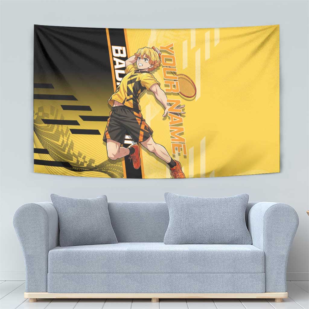 Personalized Zenitsu Agatsuki Demon Slayer Badminton Theme Tapestry with Racket Action Pose and Yellow Black Graphic Design - The Mazicc