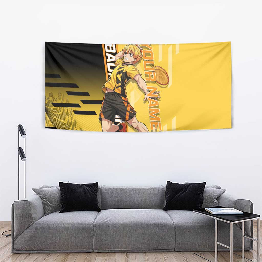Personalized Zenitsu Agatsuki Demon Slayer Badminton Theme Tapestry with Racket Action Pose and Yellow Black Graphic Design - The Mazicc