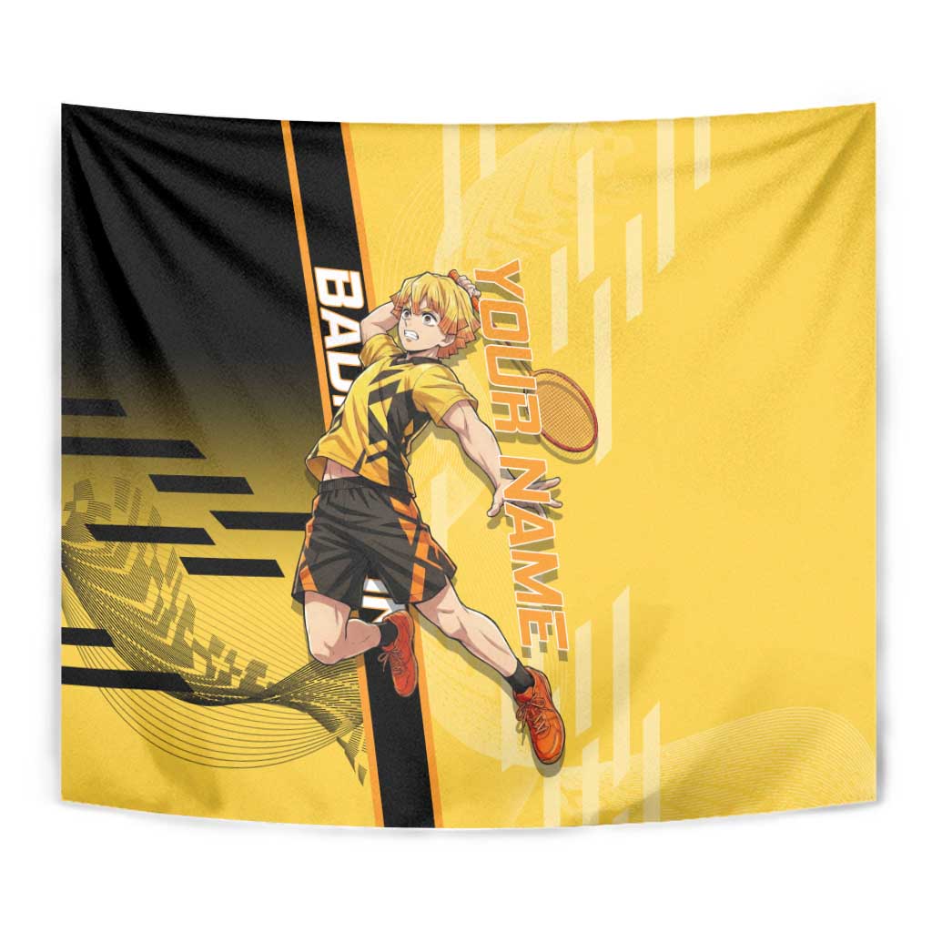 Personalized Zenitsu Agatsuki Demon Slayer Badminton Theme Tapestry with Racket Action Pose and Yellow Black Graphic Design - The Mazicc