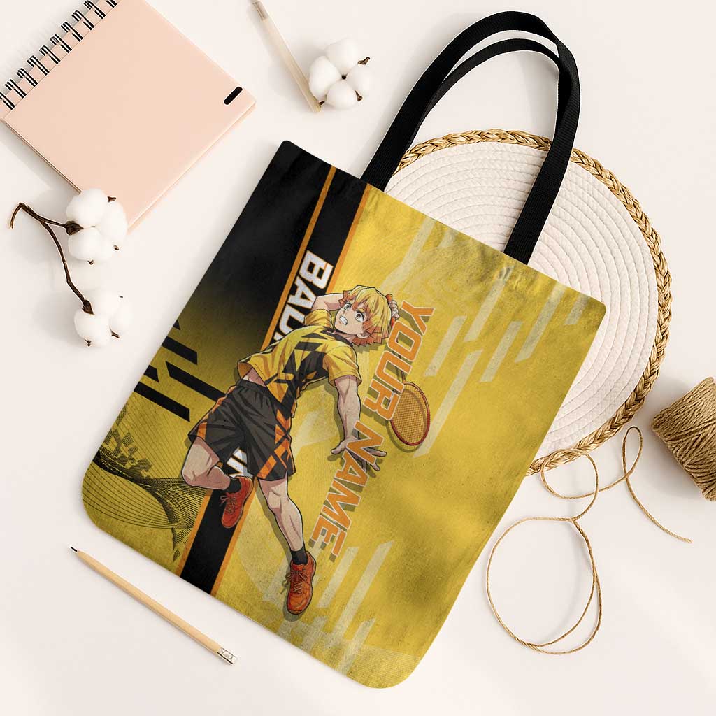 Personalized Zenitsu Agatsuki Demon Slayer Badminton Theme Tote Bag with Racket Action Pose and Yellow Black Graphic Design - The Mazicc