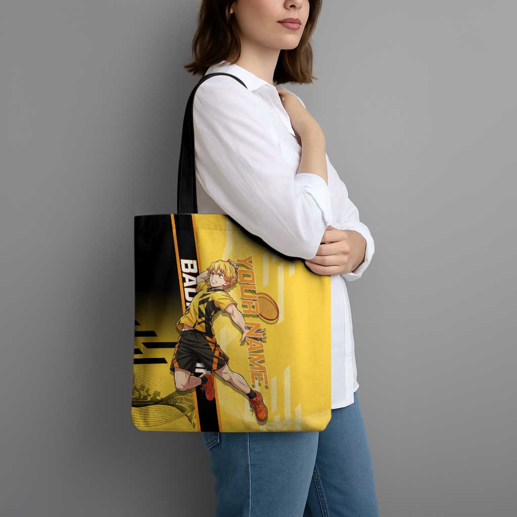 Personalized Zenitsu Agatsuki Demon Slayer Badminton Theme Tote Bag with Racket Action Pose and Yellow Black Graphic Design - The Mazicc