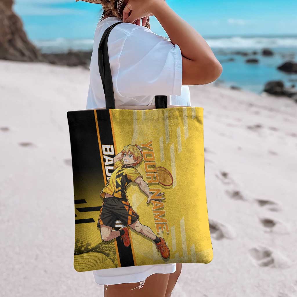 Personalized Zenitsu Agatsuki Demon Slayer Badminton Theme Tote Bag with Racket Action Pose and Yellow Black Graphic Design - The Mazicc