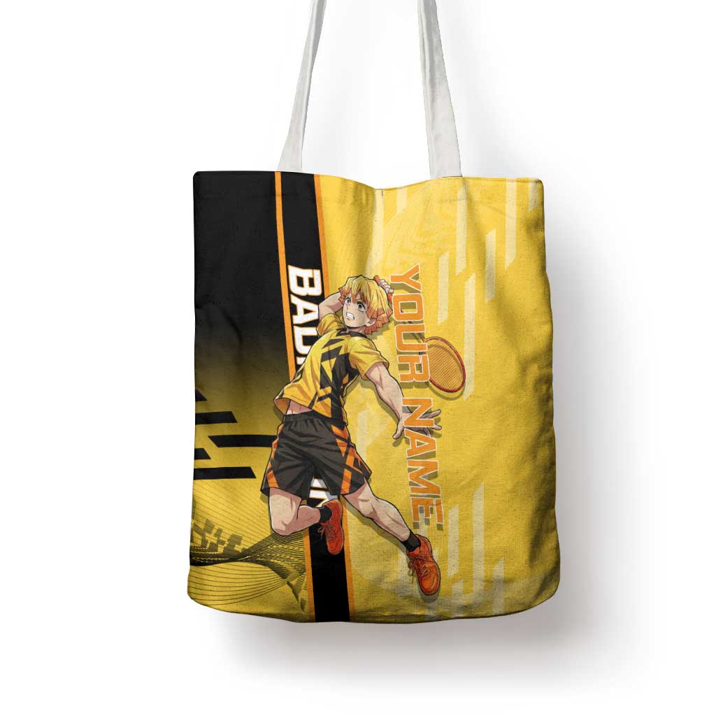 Personalized Zenitsu Agatsuki Demon Slayer Badminton Theme Tote Bag with Racket Action Pose and Yellow Black Graphic Design - The Mazicc
