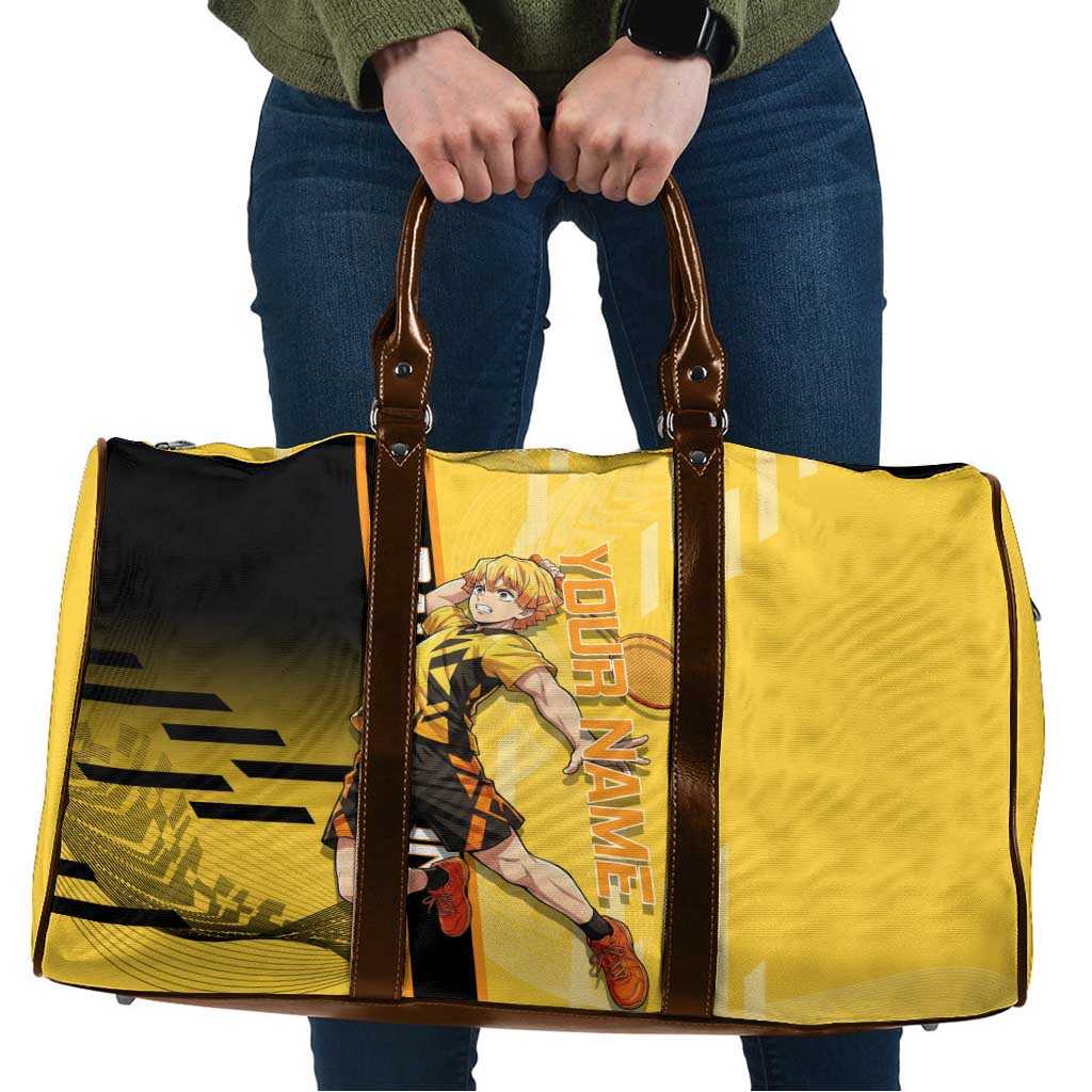 Personalized Zenitsu Agatsuki Demon Slayer Badminton Theme Travel Bag with Racket Action Pose and Yellow Black Graphic Design - The Mazicc