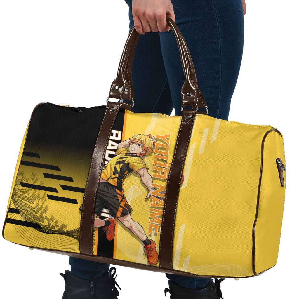 Personalized Zenitsu Agatsuki Demon Slayer Badminton Theme Travel Bag with Racket Action Pose and Yellow Black Graphic Design - The Mazicc