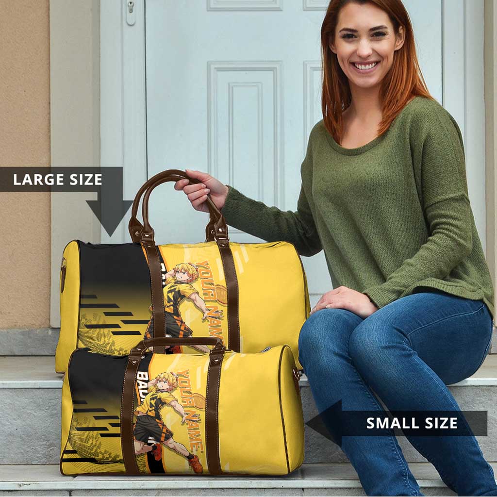 Personalized Zenitsu Agatsuki Demon Slayer Badminton Theme Travel Bag with Racket Action Pose and Yellow Black Graphic Design - The Mazicc