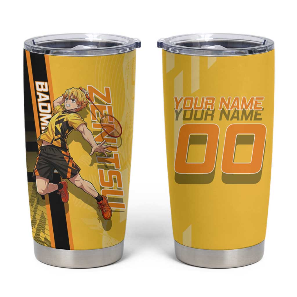 Personalized Zenitsu Agatsuki Demon Slayer Badminton Theme Tumbler Cup with Racket Action Pose and Yellow Black Graphic Design - The Mazicc