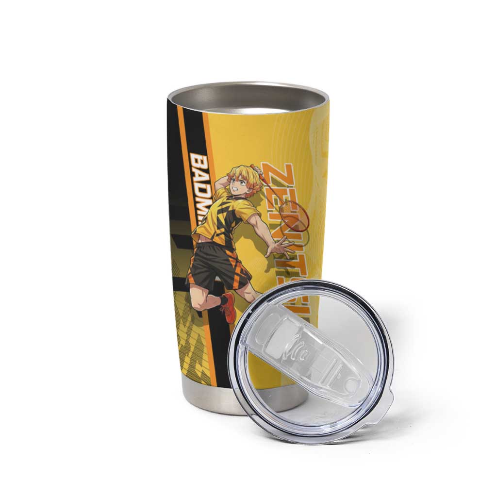 Personalized Zenitsu Agatsuki Demon Slayer Badminton Theme Tumbler Cup with Racket Action Pose and Yellow Black Graphic Design - The Mazicc