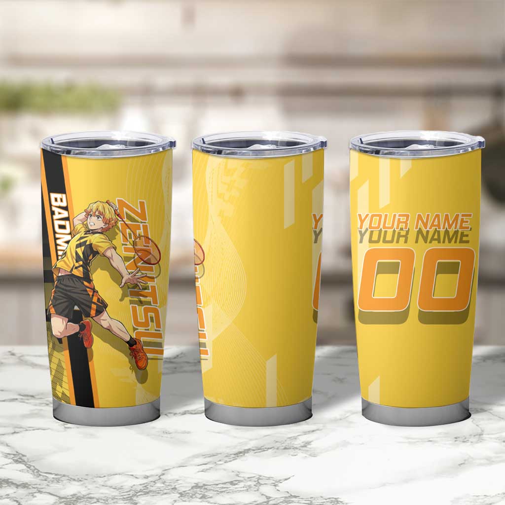 Personalized Zenitsu Agatsuki Demon Slayer Badminton Theme Tumbler Cup with Racket Action Pose and Yellow Black Graphic Design - The Mazicc