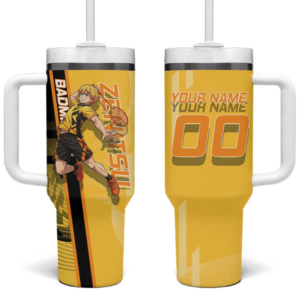 Personalized Zenitsu Agatsuki Demon Slayer Badminton Theme Tumbler With Handle with Racket Action Pose and Yellow Black Graphic Design - The Mazicc