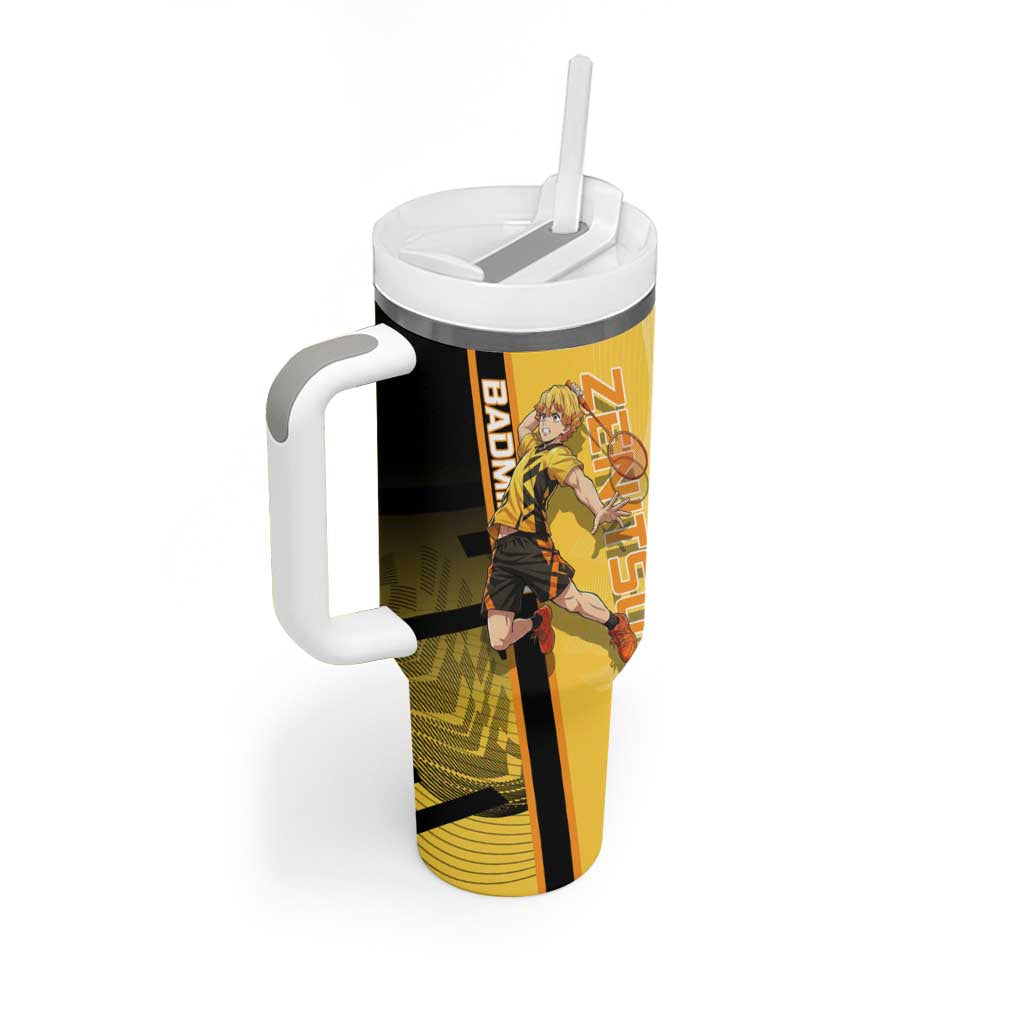 Personalized Zenitsu Agatsuki Demon Slayer Badminton Theme Tumbler With Handle with Racket Action Pose and Yellow Black Graphic Design - The Mazicc