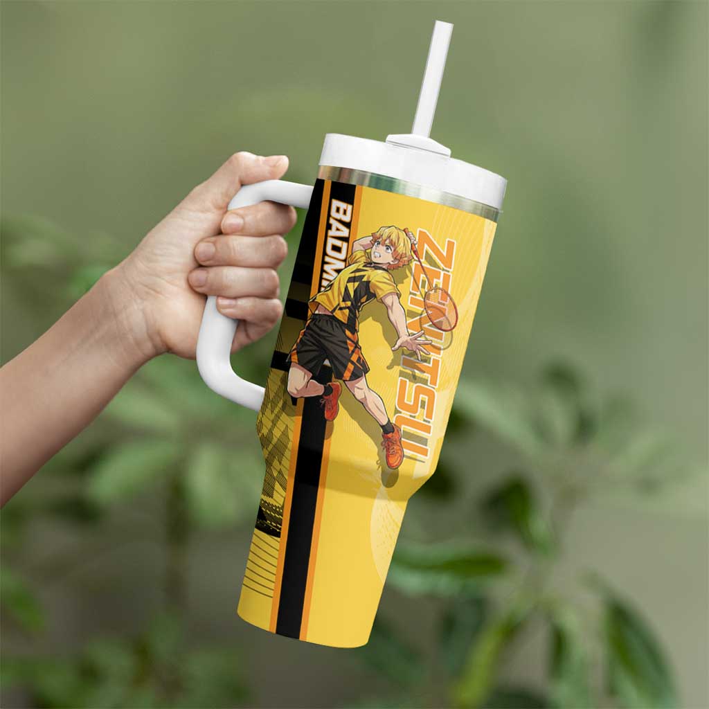 Personalized Zenitsu Agatsuki Demon Slayer Badminton Theme Tumbler With Handle with Racket Action Pose and Yellow Black Graphic Design - The Mazicc