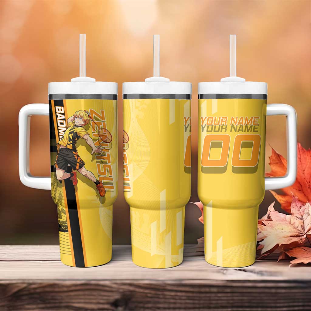 Personalized Zenitsu Agatsuki Demon Slayer Badminton Theme Tumbler With Handle with Racket Action Pose and Yellow Black Graphic Design - The Mazicc