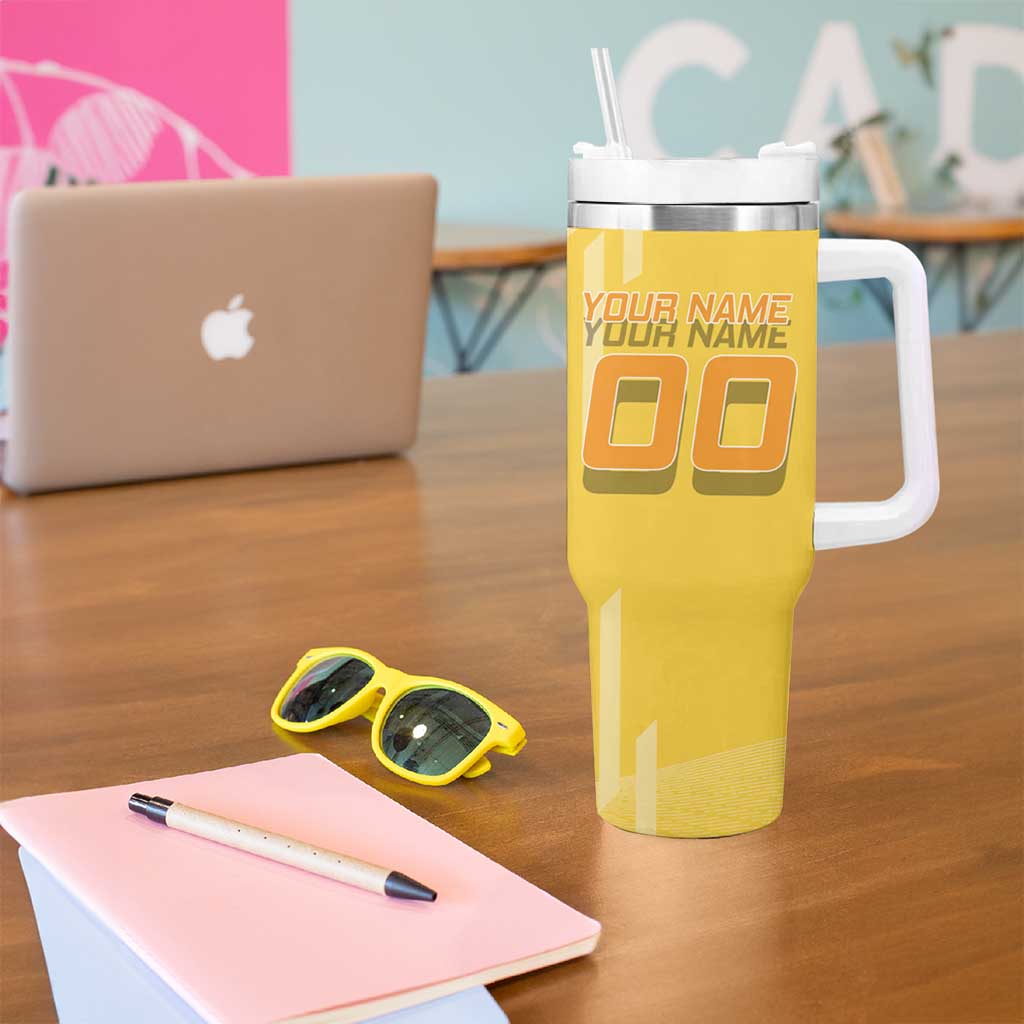 Personalized Zenitsu Agatsuki Demon Slayer Badminton Theme Tumbler With Handle with Racket Action Pose and Yellow Black Graphic Design - The Mazicc