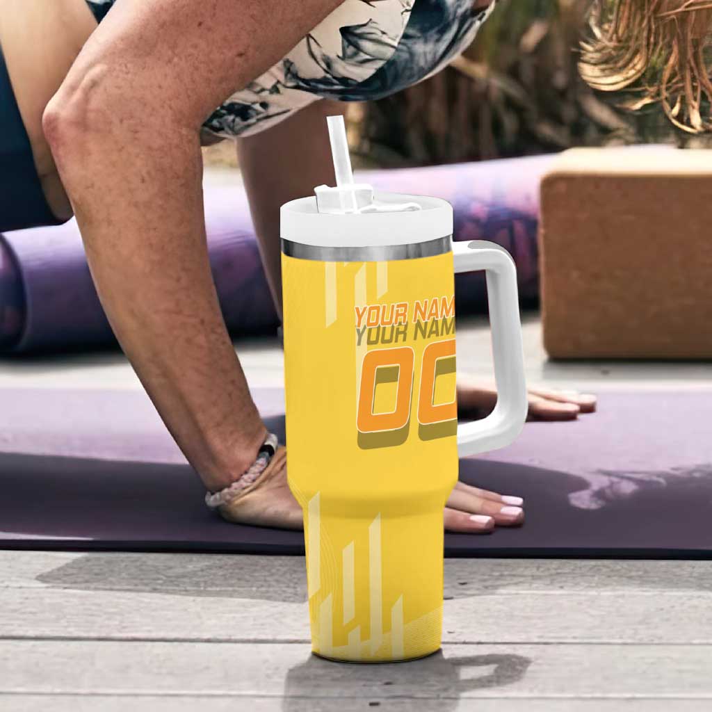 Personalized Zenitsu Agatsuki Demon Slayer Badminton Theme Tumbler With Handle with Racket Action Pose and Yellow Black Graphic Design - The Mazicc