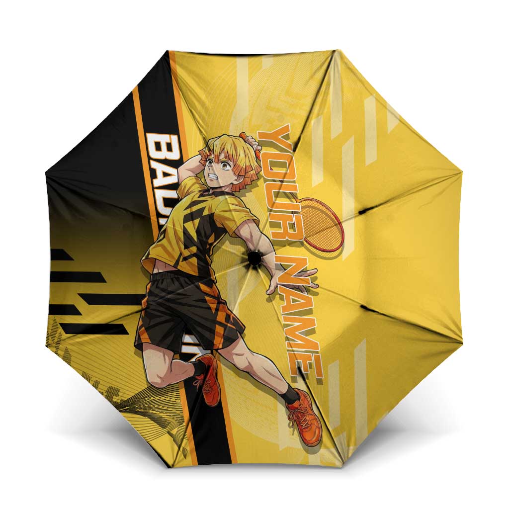 Personalized Zenitsu Agatsuki Demon Slayer Badminton Theme Umbrella with Racket Action Pose and Yellow Black Graphic Design - The Mazicc