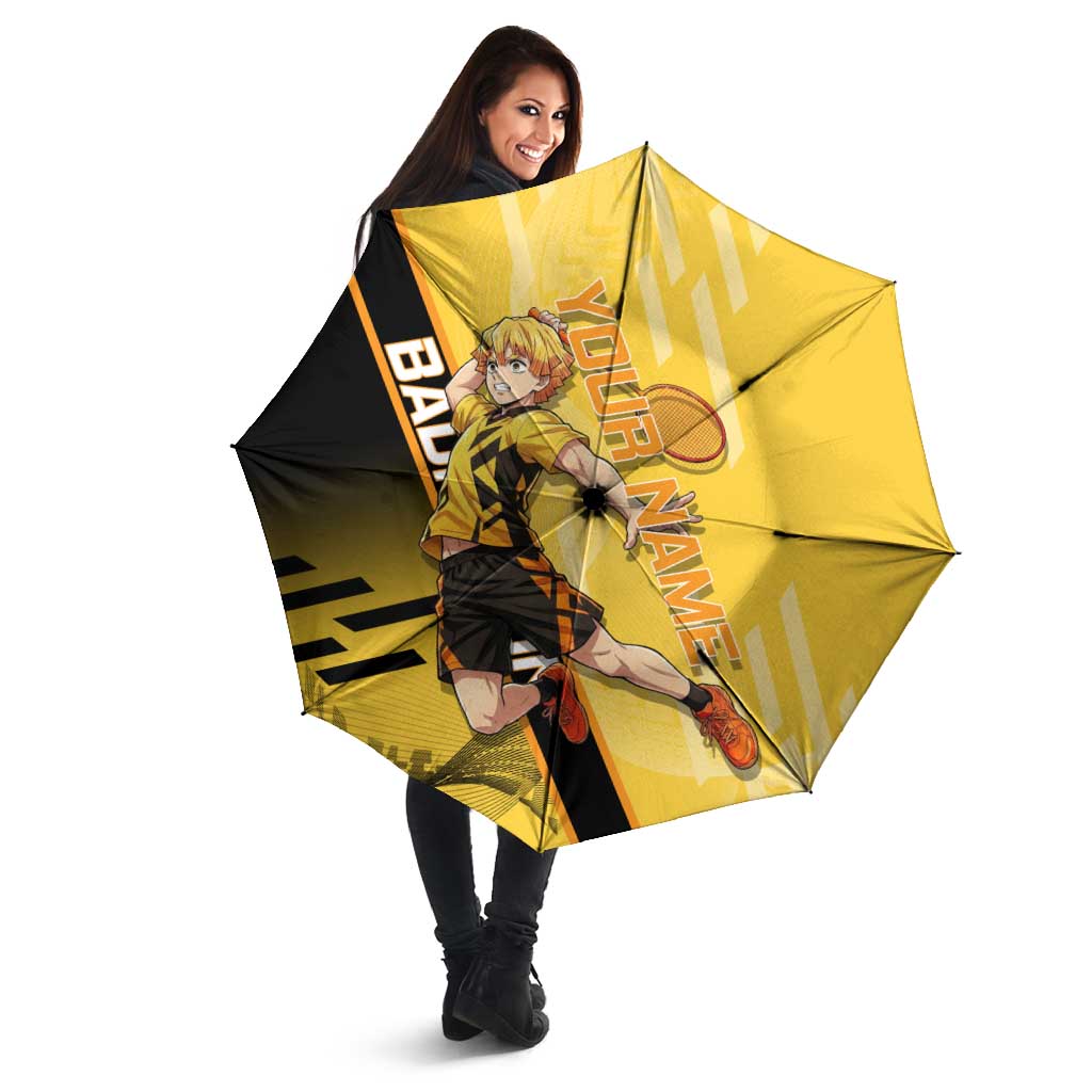 Personalized Zenitsu Agatsuki Demon Slayer Badminton Theme Umbrella with Racket Action Pose and Yellow Black Graphic Design - The Mazicc