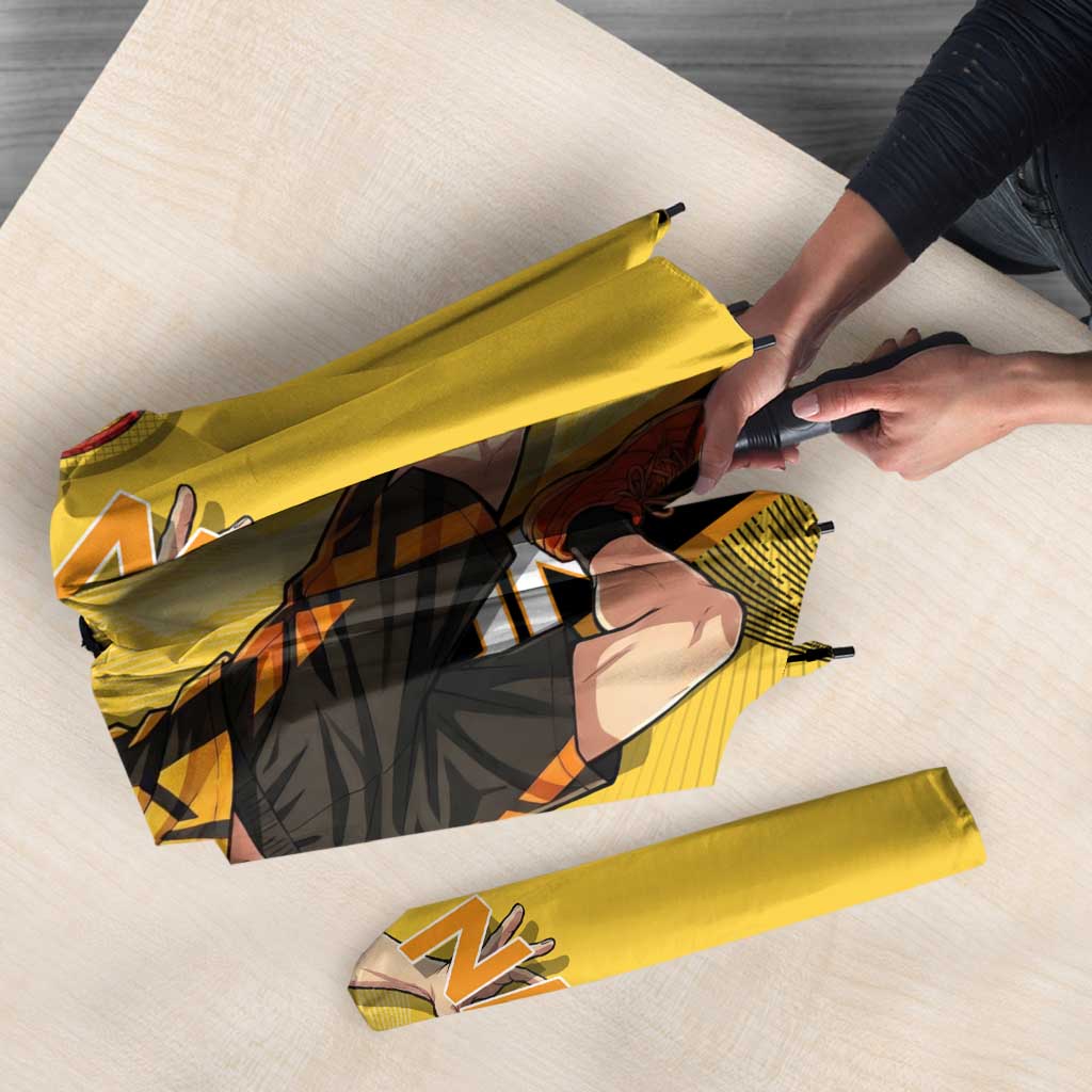 Personalized Zenitsu Agatsuki Demon Slayer Badminton Theme Umbrella with Racket Action Pose and Yellow Black Graphic Design - The Mazicc