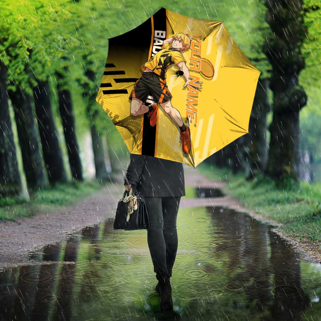 Personalized Zenitsu Agatsuki Demon Slayer Badminton Theme Umbrella with Racket Action Pose and Yellow Black Graphic Design - The Mazicc