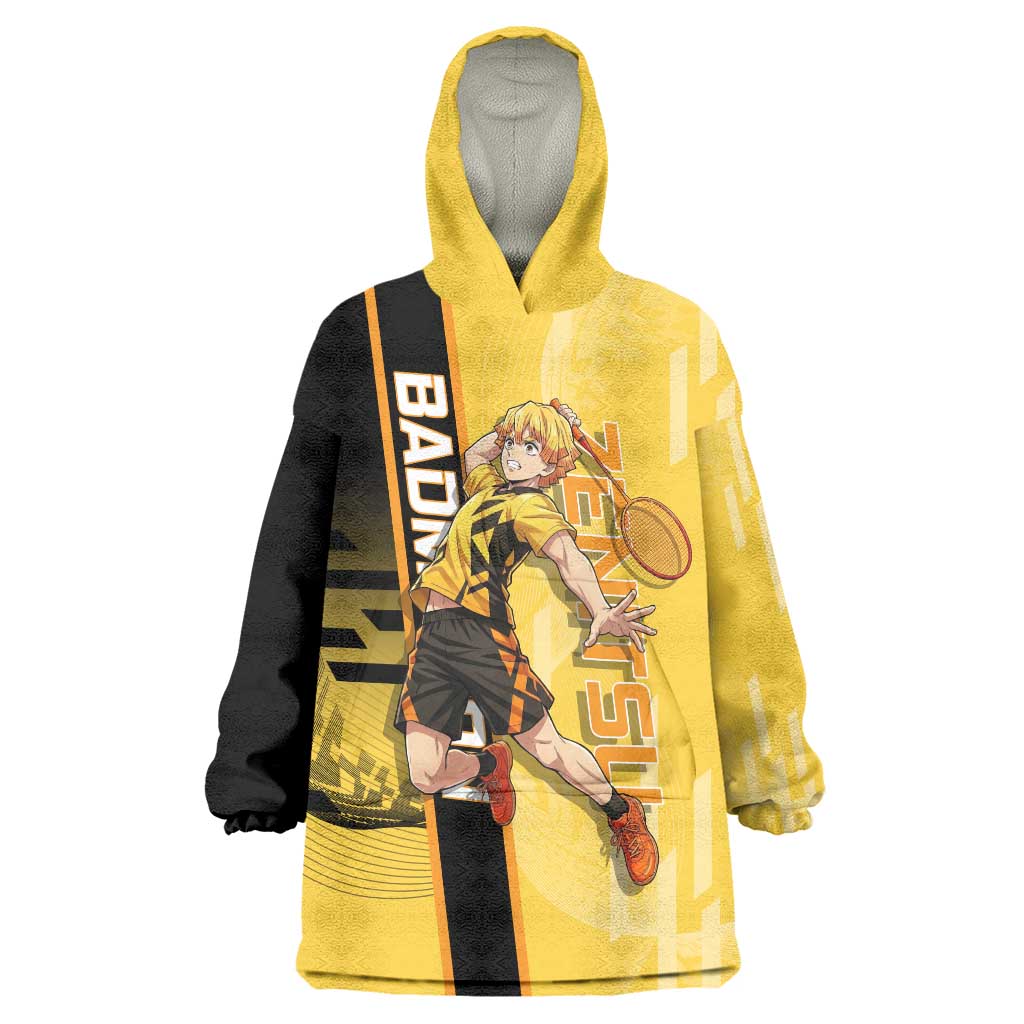 Personalized Zenitsu Agatsuki Demon Slayer Badminton Theme Wearable Blanket Hoodie with Racket Action Pose and Yellow Black Graphic Design - The Mazicc