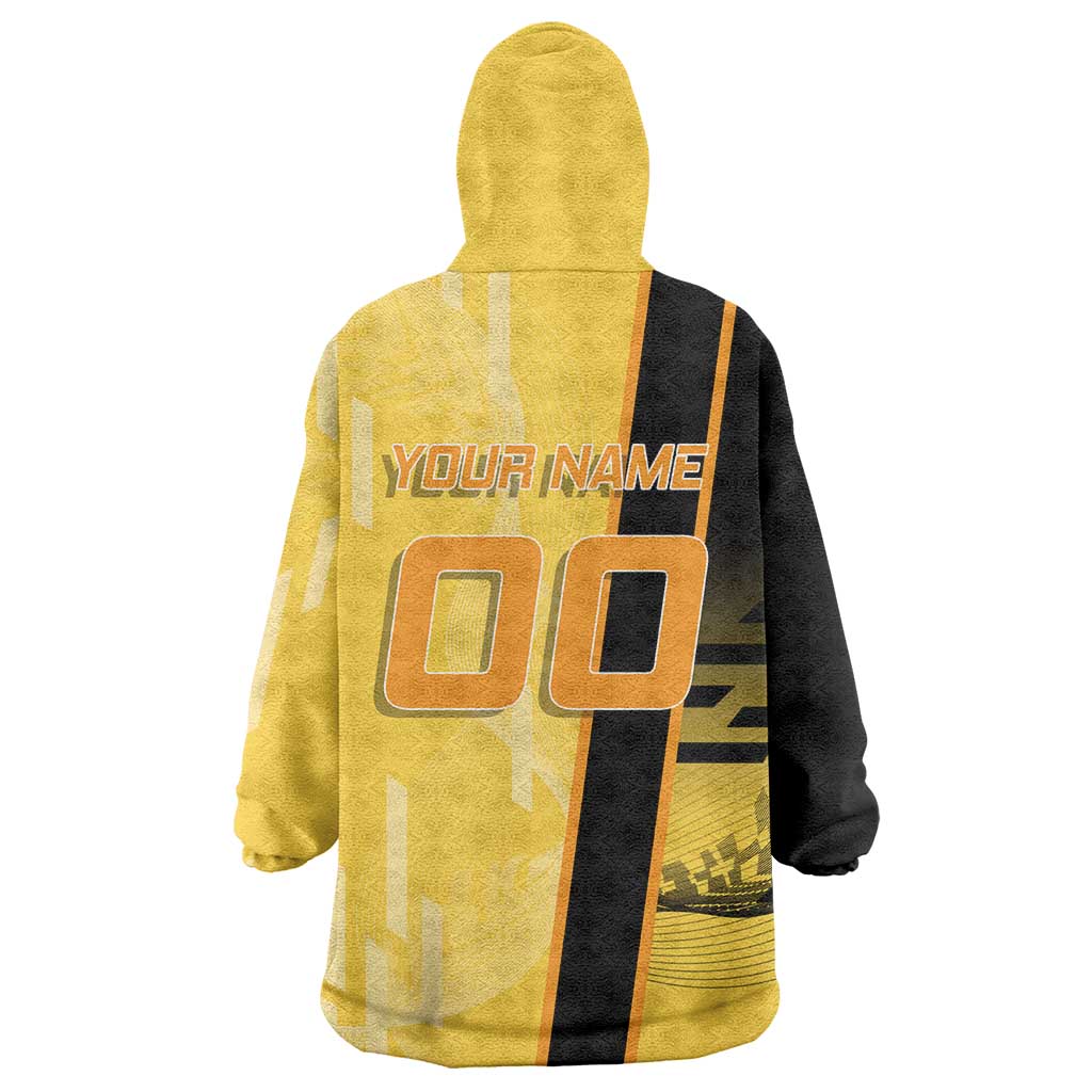 Personalized Zenitsu Agatsuki Demon Slayer Badminton Theme Wearable Blanket Hoodie with Racket Action Pose and Yellow Black Graphic Design - The Mazicc