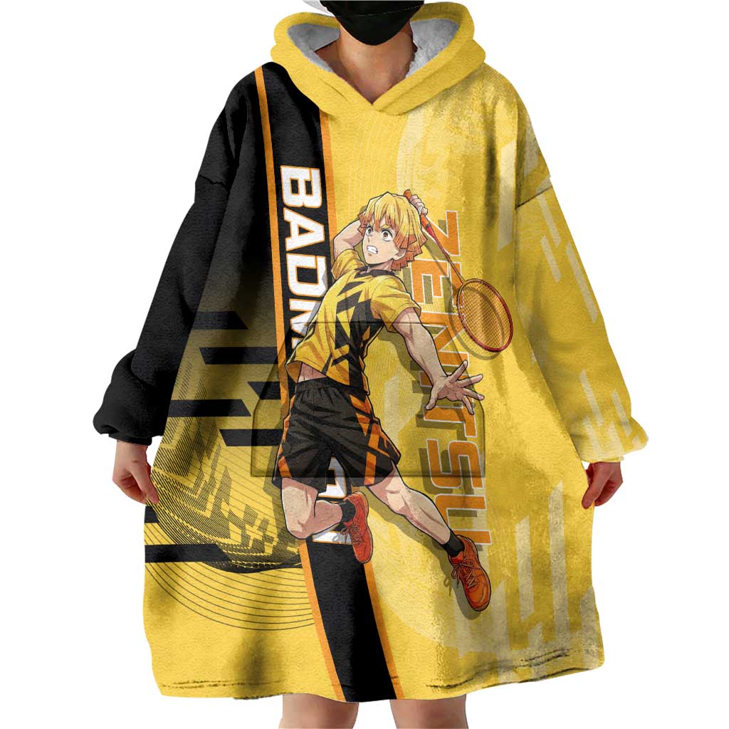 Personalized Zenitsu Agatsuki Demon Slayer Badminton Theme Wearable Blanket Hoodie with Racket Action Pose and Yellow Black Graphic Design - The Mazicc