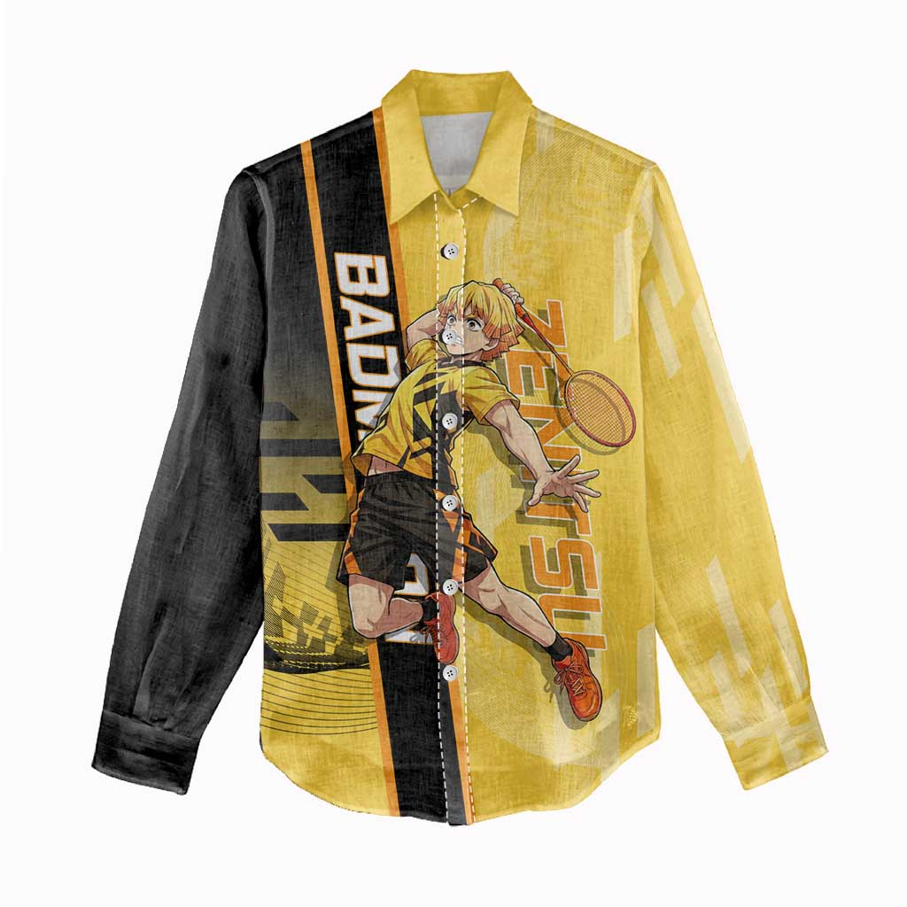 Personalized Zenitsu Agatsuki Demon Slayer Badminton Theme Women Casual Shirt with Racket Action Pose and Yellow Black Graphic Design - The Mazicc