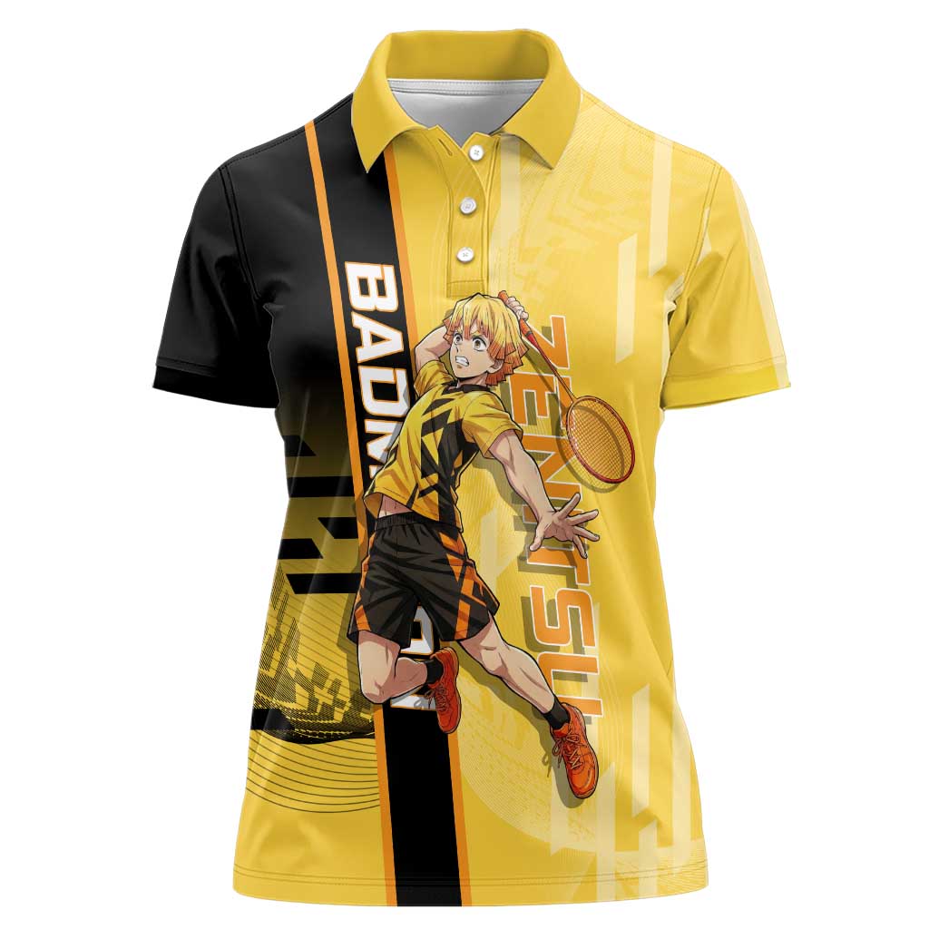 Personalized Zenitsu Agatsuki Demon Slayer Badminton Theme Women Polo Shirt with Racket Action Pose and Yellow Black Graphic Design - The Mazicc
