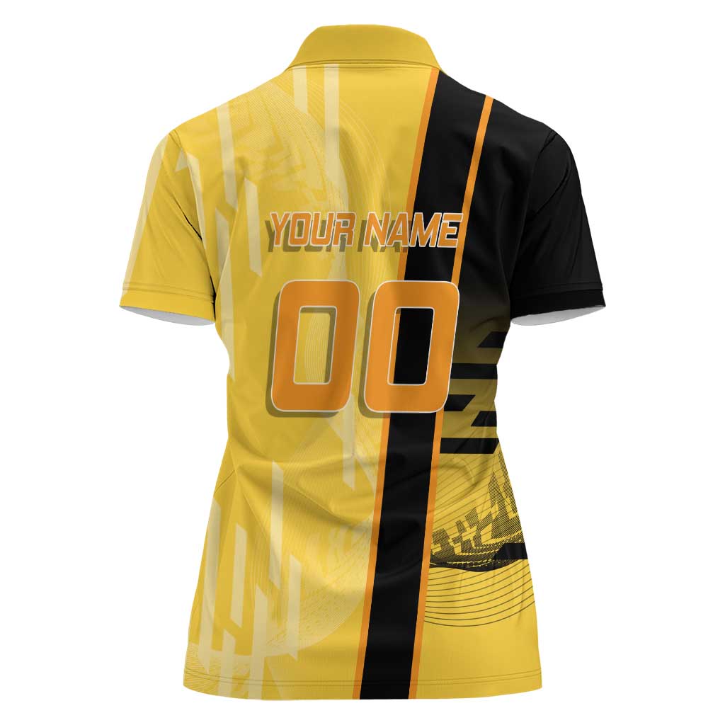 Personalized Zenitsu Agatsuki Demon Slayer Badminton Theme Women Polo Shirt with Racket Action Pose and Yellow Black Graphic Design - The Mazicc