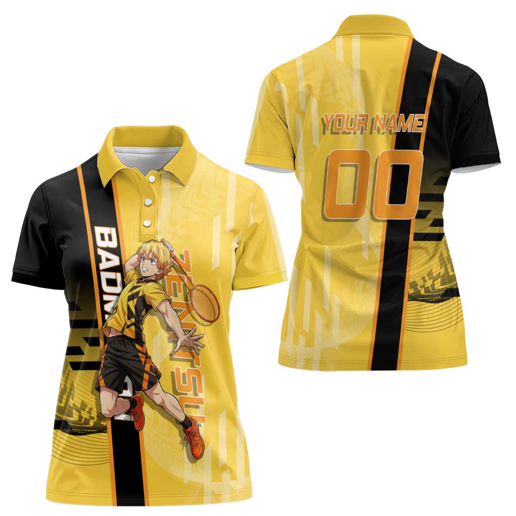 Personalized Zenitsu Agatsuki Demon Slayer Badminton Theme Women Polo Shirt with Racket Action Pose and Yellow Black Graphic Design - The Mazicc