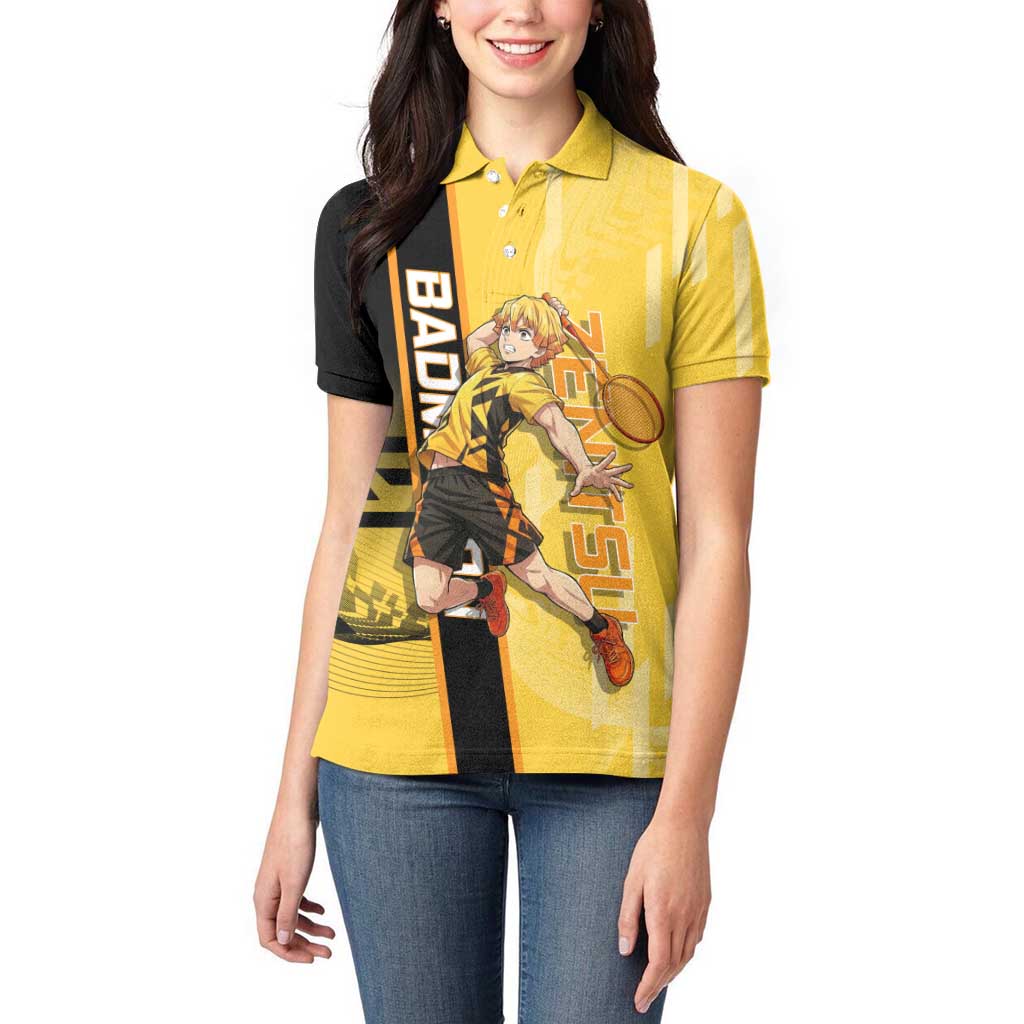 Personalized Zenitsu Agatsuki Demon Slayer Badminton Theme Women Polo Shirt with Racket Action Pose and Yellow Black Graphic Design - The Mazicc