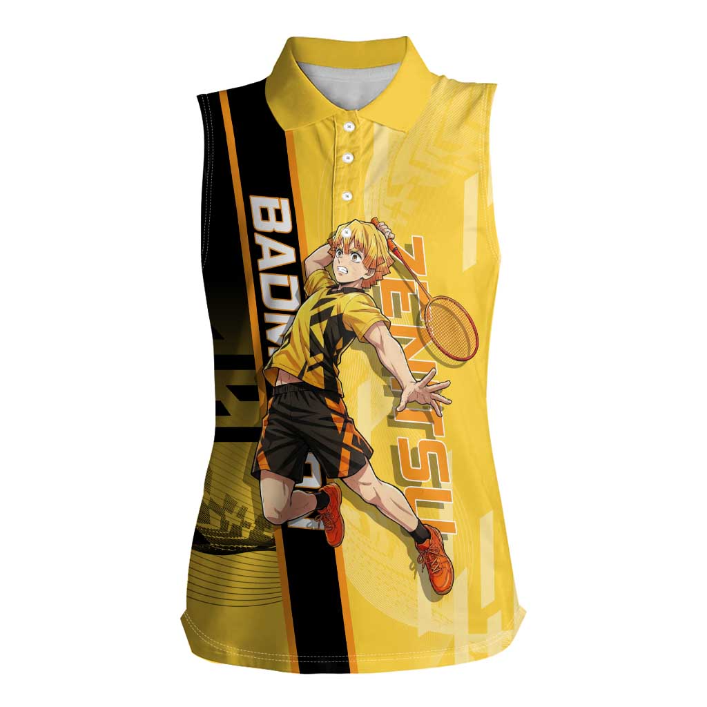 Personalized Zenitsu Agatsuki Demon Slayer Badminton Theme Women Sleeveless Polo Shirt with Racket Action Pose and Yellow Black Graphic Design - The Mazicc