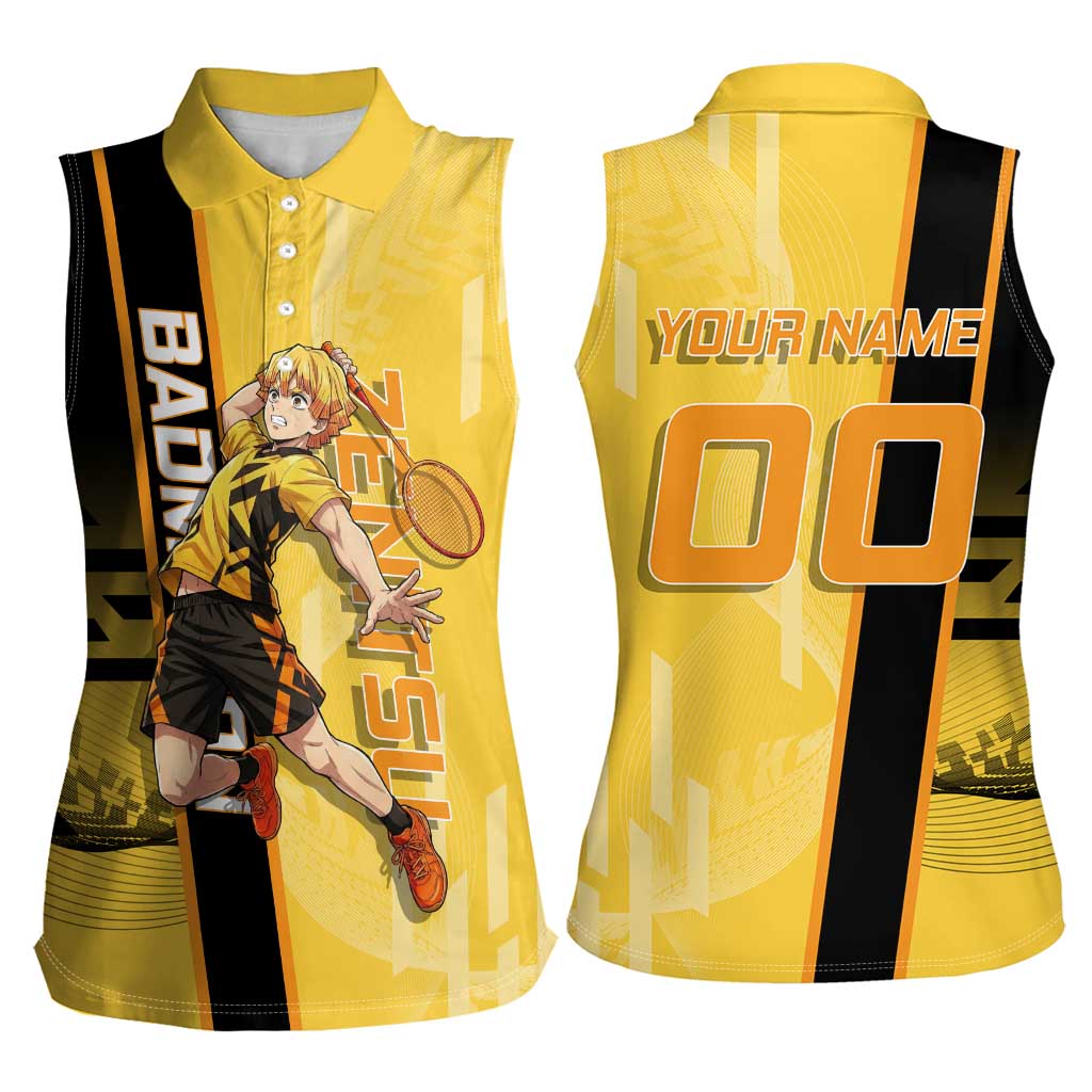 Personalized Zenitsu Agatsuki Demon Slayer Badminton Theme Women Sleeveless Polo Shirt with Racket Action Pose and Yellow Black Graphic Design - The Mazicc