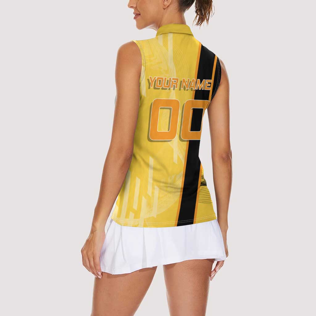 Personalized Zenitsu Agatsuki Demon Slayer Badminton Theme Women Sleeveless Polo Shirt with Racket Action Pose and Yellow Black Graphic Design - The Mazicc