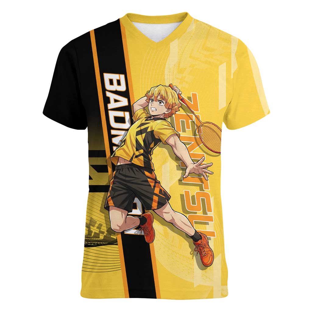 Personalized Zenitsu Agatsuki Demon Slayer Badminton Theme Women V-Neck T-Shirt with Racket Action Pose and Yellow Black Graphic Design - The Mazicc
