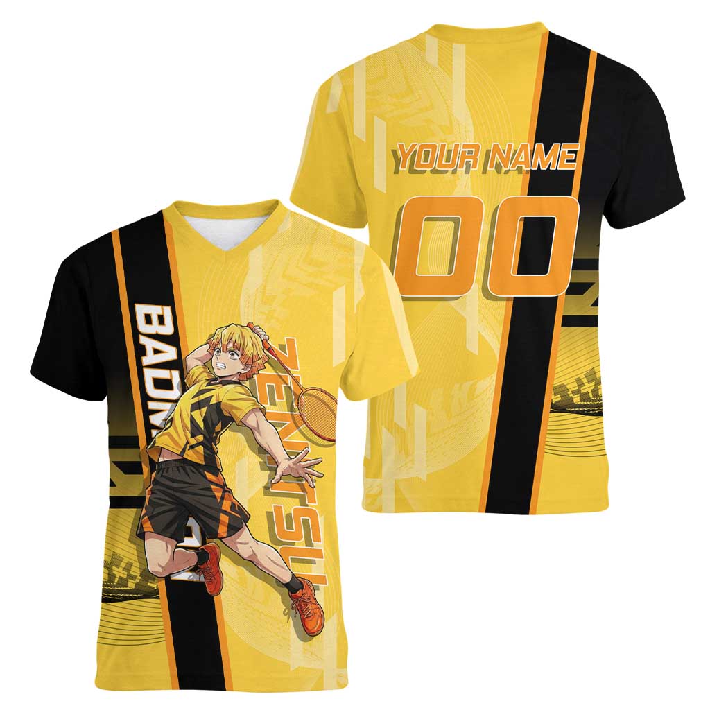 Personalized Zenitsu Agatsuki Demon Slayer Badminton Theme Women V-Neck T-Shirt with Racket Action Pose and Yellow Black Graphic Design - The Mazicc