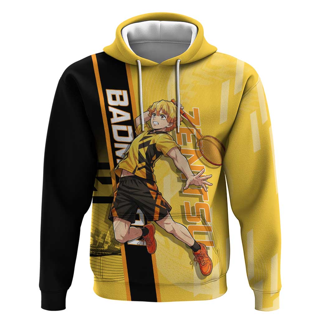 Personalized Zenitsu Agatsuki Demon Slayer Badminton Theme Zip Hoodie with Racket Action Pose and Yellow Black Graphic Design - The Mazicc