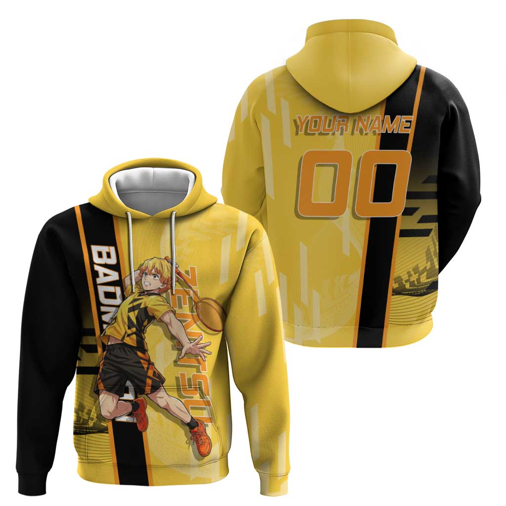 Personalized Zenitsu Agatsuki Demon Slayer Badminton Theme Zip Hoodie with Racket Action Pose and Yellow Black Graphic Design - The Mazicc