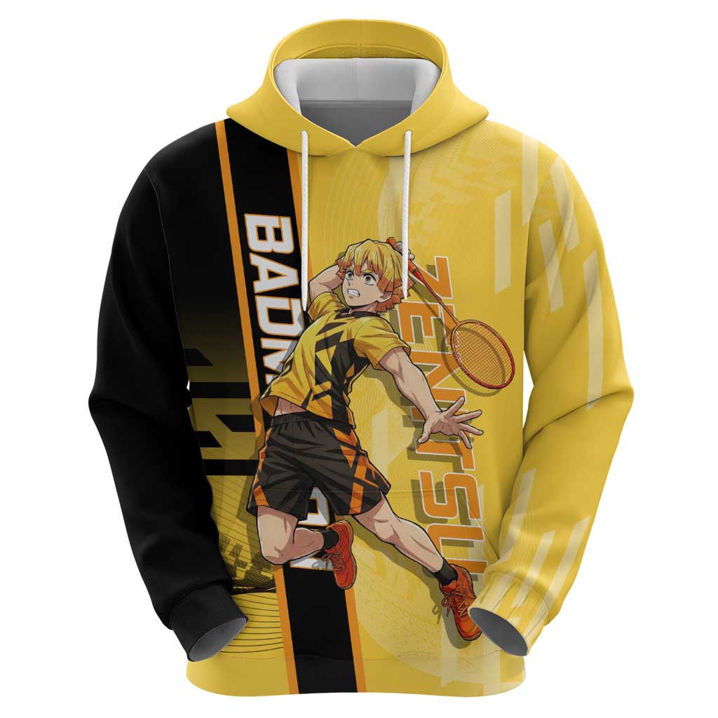 Personalized Zenitsu Agatsuki Demon Slayer Badminton Theme Zip Hoodie with Racket Action Pose and Yellow Black Graphic Design - The Mazicc